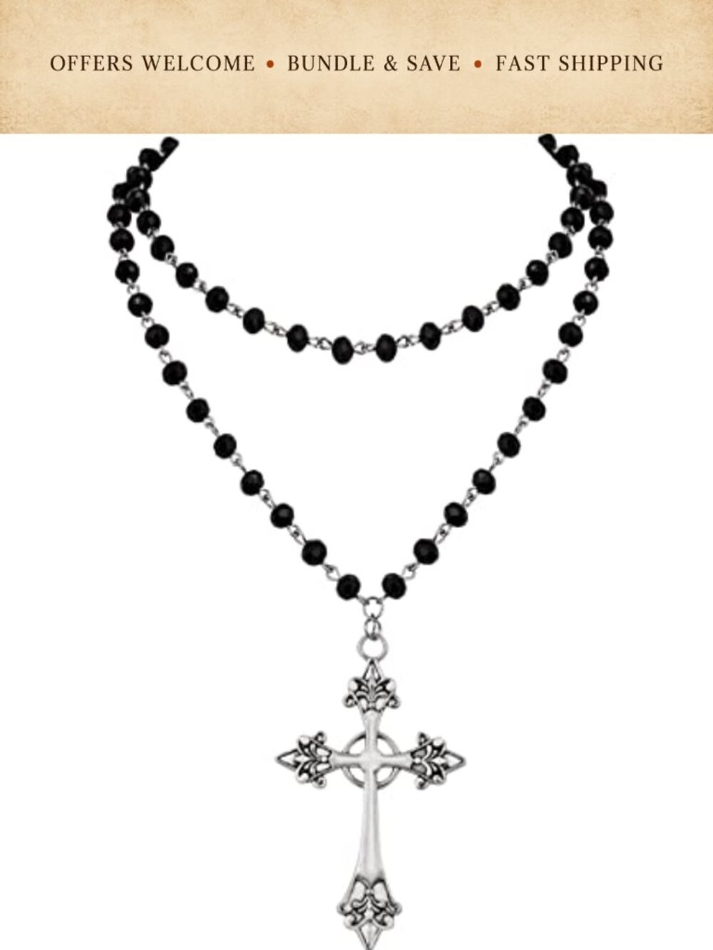 Layered Black Beaded Cross Necklace Gothic Y2K Zinc Alloy Onyx Goth Jewelry